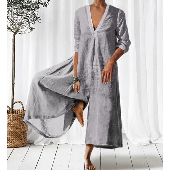 Cozinen 3/4 Sleeve Wide Leg Cropped Jumpsuit Oversized Loose Fit Gray Womens L - Picture 1 of 8